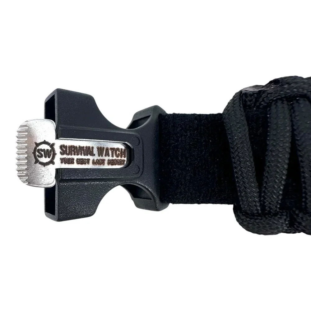 Survival Tactical Watch Mens Paracord Compass Whistle Serrated Tool Black